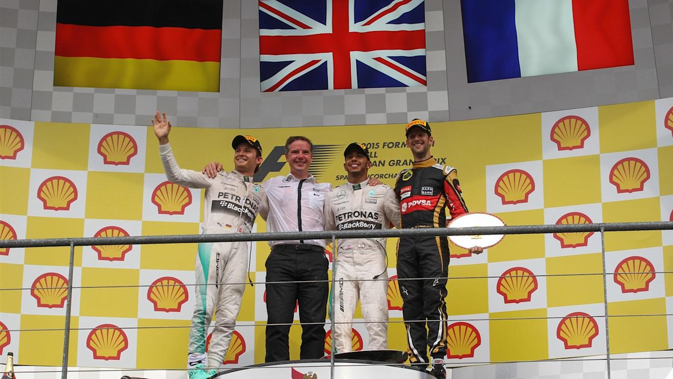 (L to R): Nico Rosberg (GER) Mercedes AMG F1, race winner Lewis Hamilton (GBR) Mercedes AMG F1 and Romain Grosjean (FRA) Lotus F1 celebrate on the podium at Formula One World Championship, Rd11, Belgian Grand Prix, Race, Spa Francorchamps, Belgium, Sunday 23 August 2015. © Sutton Motorsport Images