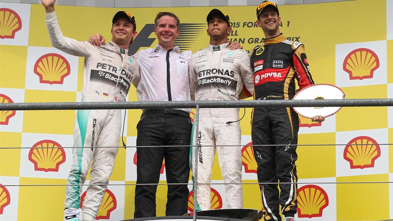 (L to R): Nico Rosberg (GER) Mercedes AMG F1, race winner Lewis Hamilton (GBR) Mercedes AMG F1 and Romain Grosjean (FRA) Lotus F1 celebrate on the podium at Formula One World Championship, Rd11, Belgian Grand Prix, Race, Spa Francorchamps, Belgium, Sunday 23 August 2015. © Sutton Motorsport Images
