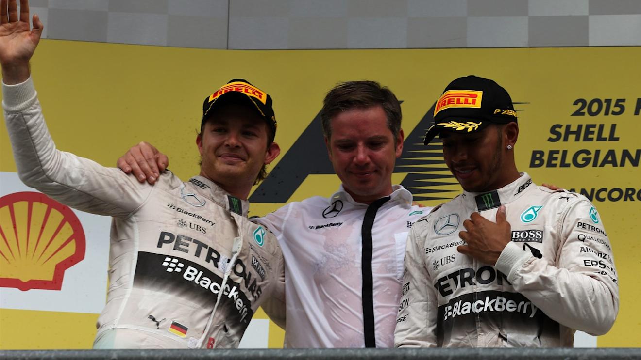 Nico Rosberg (GER) Mercedes AMG F1 and race winner Lewis Hamilton (GBR) Mercedes AMG F1 celebrate on the podium at Formula One World Championship, Rd11, Belgian Grand Prix, Race, Spa Francorchamps, Belgium, Sunday 23 August 2015. © Sutton Motorsport Images