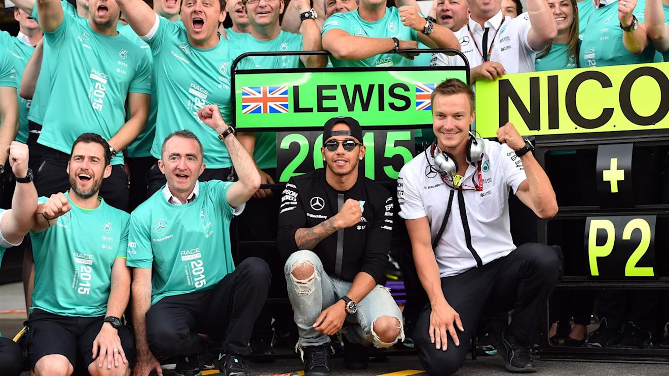 Race winner Lewis Hamilton (GBR) Mercedes AMG F1 celebrates with team at Formula One World Championship, Rd11, Belgian Grand Prix, Race, Spa Francorchamps, Belgium, Sunday 23 August 2015. © Sutton Motorsport Images