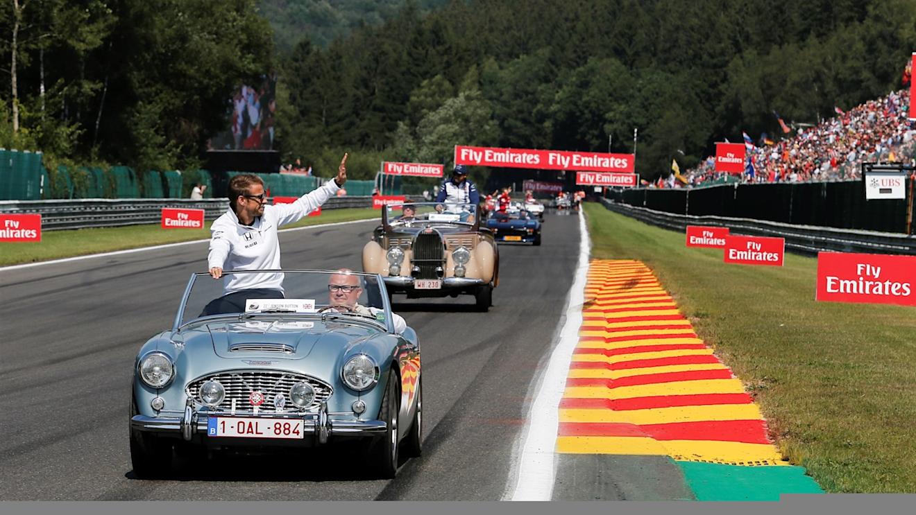 Jenson Button (GBR) McLaren on the drivers parade at Formula One World Championship, Rd11, Belgian Grand Prix, Race, Spa Francorchamps, Belgium, Sunday 23 August 2015. © Sutton Motorsport Images