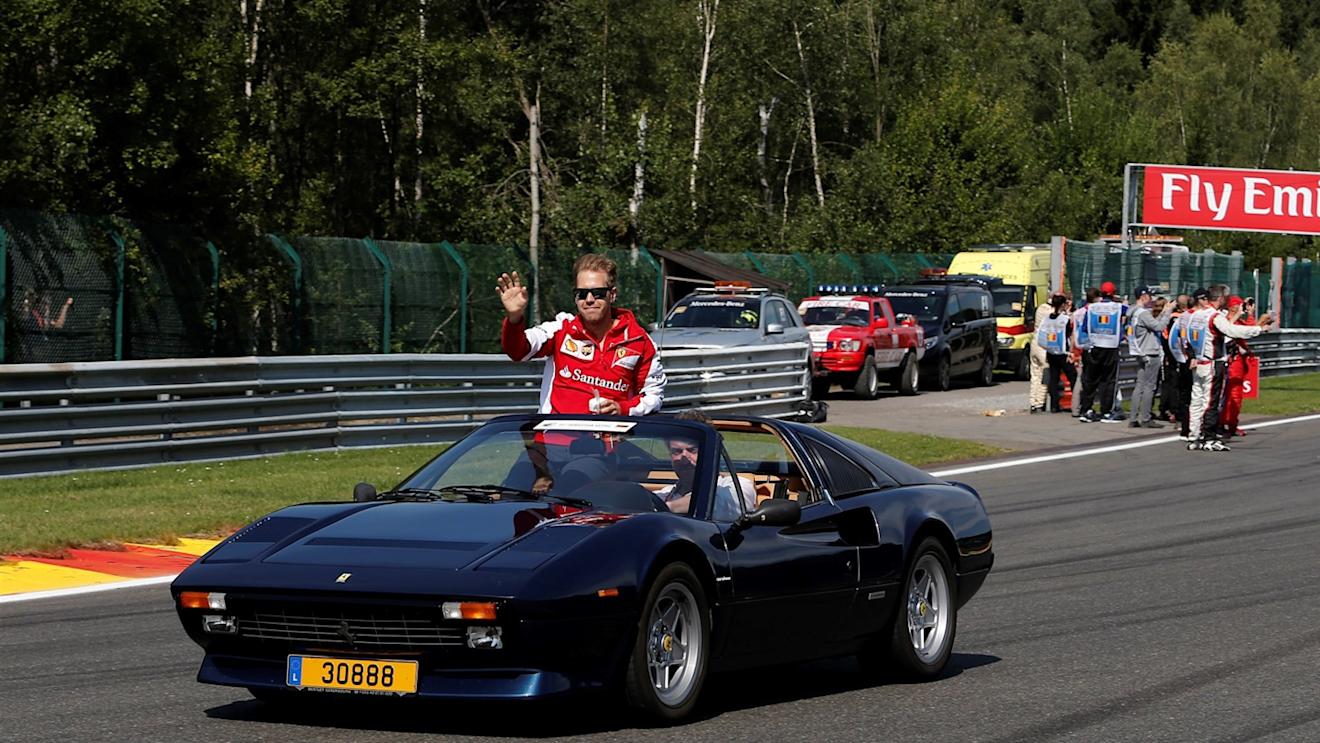 Sebastian Vettel (GER) Ferrari in a Ferrari 308 GTS on the drivers parade at Formula One World Championship, Rd11, Belgian Grand Prix, Race, Spa Francorchamps, Belgium, Sunday 23 August 2015. © Sutton Motorsport Images