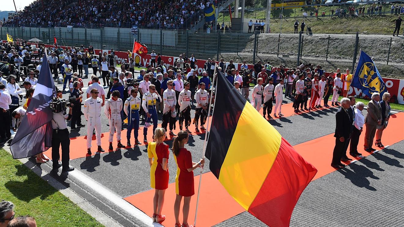 Drivers observe the National Anthem on the grid at Formula One World Championship, Rd11, Belgian Grand Prix, Race, Spa Francorchamps, Belgium, Sunday 23 August 2015. © Sutton Motorsport Images