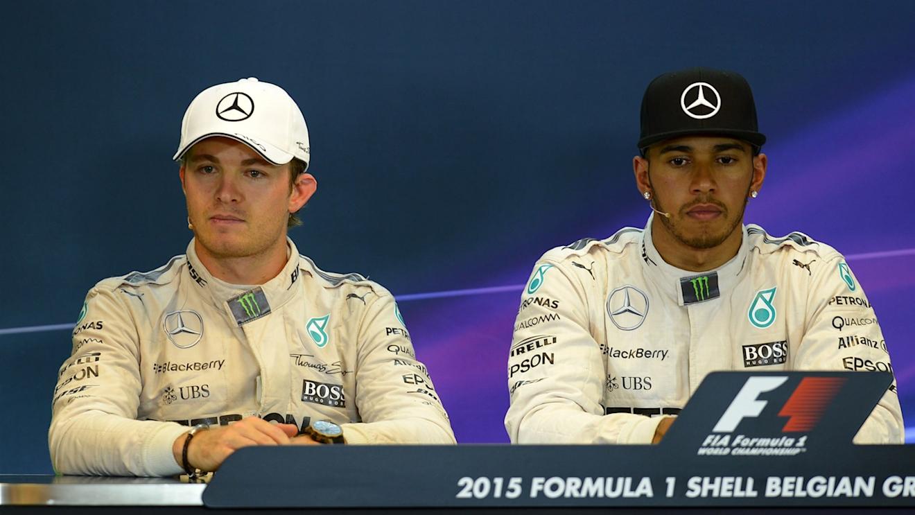 Nico Rosberg (GER) Mercedes AMG F1 and Lewis Hamilton (GBR) Mercedes AMG F1 in the Press Conference at Formula One World Championship, Rd11, Belgian Grand Prix, Race, Spa Francorchamps, Belgium, Sunday 23 August 2015. © Sutton Motorsport Images