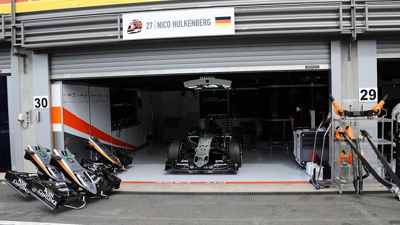 The car of race retiree Nico Hulkenberg (GER) Force India VJM08 in the garage at Formula One World Championship, Rd11, Belgian Grand Prix, Race, Spa Francorchamps, Belgium, Sunday 23 August 2015. © Sutton Motorsport Images