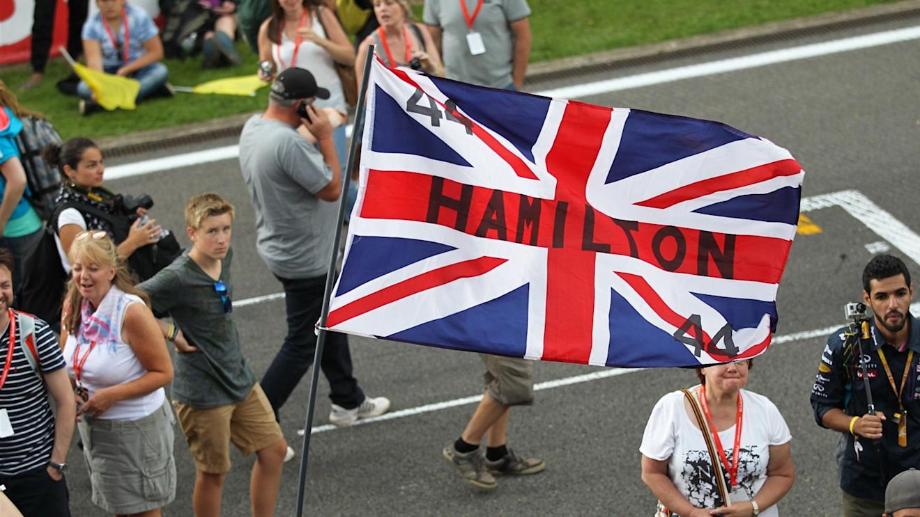 Lewis Hamilton (GBR) Mercedes AMG F1 fans and Union flag at Formula One World Championship, Rd11, Belgian Grand Prix, Race, Spa Francorchamps, Belgium, Sunday 23 August 2015. © Sutton Motorsport Images