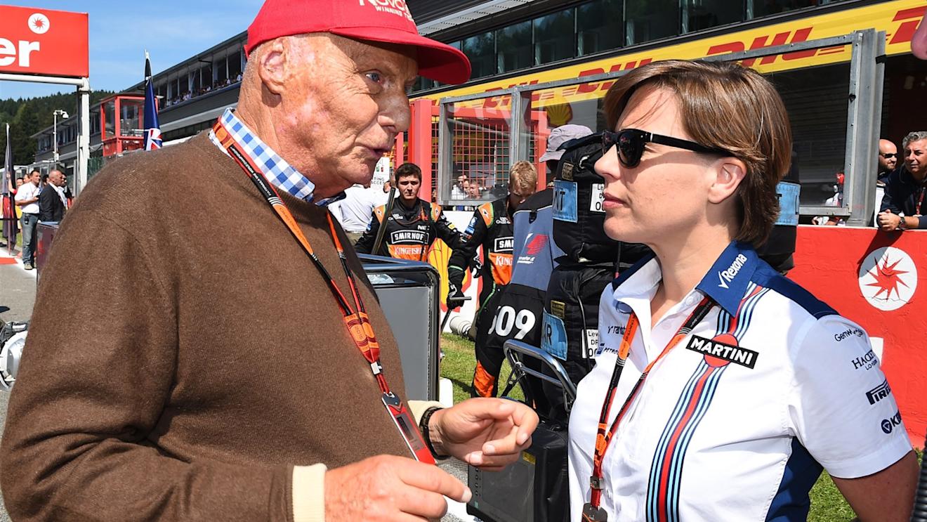 Niki Lauda (AUT) Mercedes AMG F1 Non-Executive Chairman and Claire Williams (GBR) Williams Deputy Team Principal on the grid at Formula One World Championship, Rd11, Belgian Grand Prix, Race, Spa Francorchamps, Belgium, Sunday 23 August 2015. © Sutton Motorsport Images