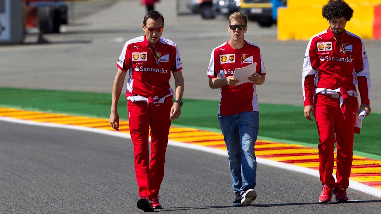 Sebastian Vettel (GER) Ferrari walks the track with Riccardo Adami (ITA) Ferrari Race Engineer at Formula One World Championship, Rd11, Belgian Grand Prix, Preparations, Spa Francorchamps, Belgium, Thursday 20 August 2015. © Sutton Motorsport Images