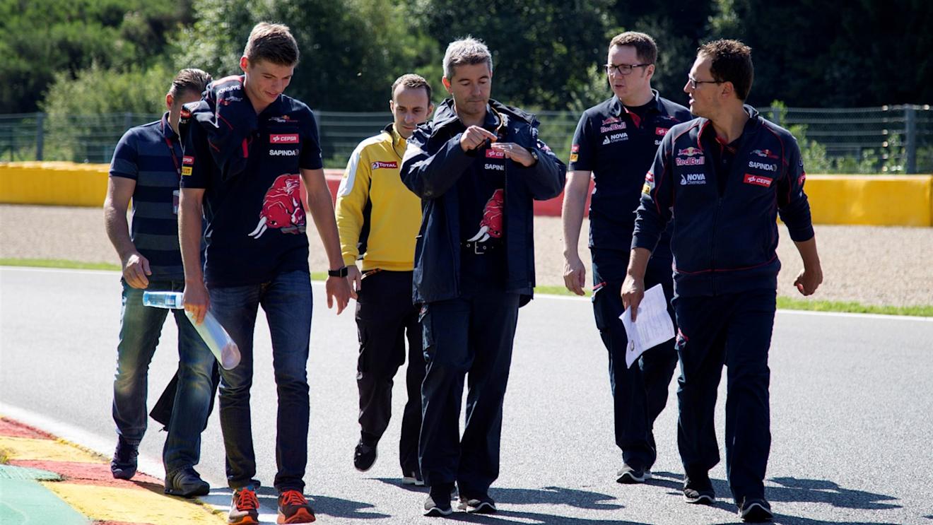 Max Verstappen (NDL) Scuderia Toro Rosso walks the track with Xevi Pujolar (ESP) Scuderia Toro Rosso Engineer at Formula One World Championship, Rd11, Belgian Grand Prix, Preparations, Spa Francorchamps, Belgium, Thursday 20 August 2015. © Sutton Motorsport Images