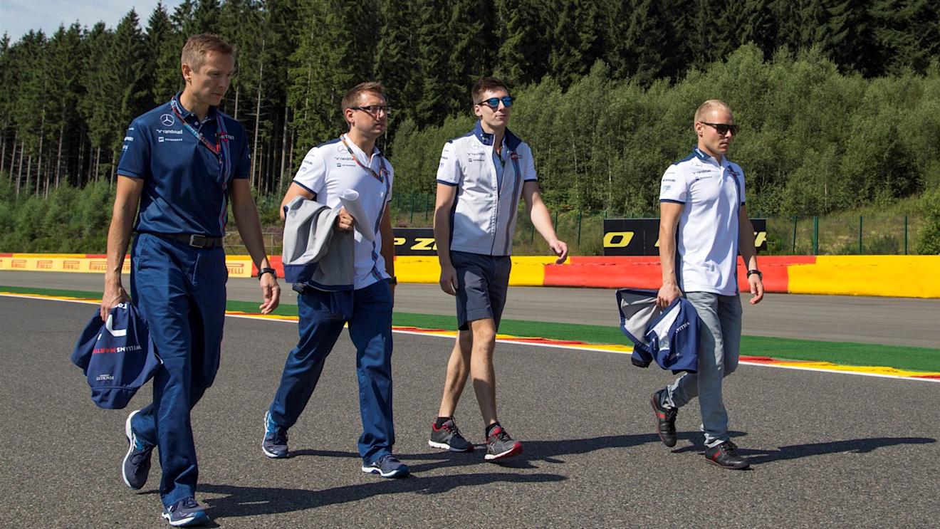 Valtteri Bottas (FIN) Williams walks the track with Alex Lynn (GBR) Williams Test and Development Driver at Formula One World Championship, Rd11, Belgian Grand Prix, Preparations, Spa Francorchamps, Belgium, Thursday 20 August 2015. © Sutton Motorsport Images