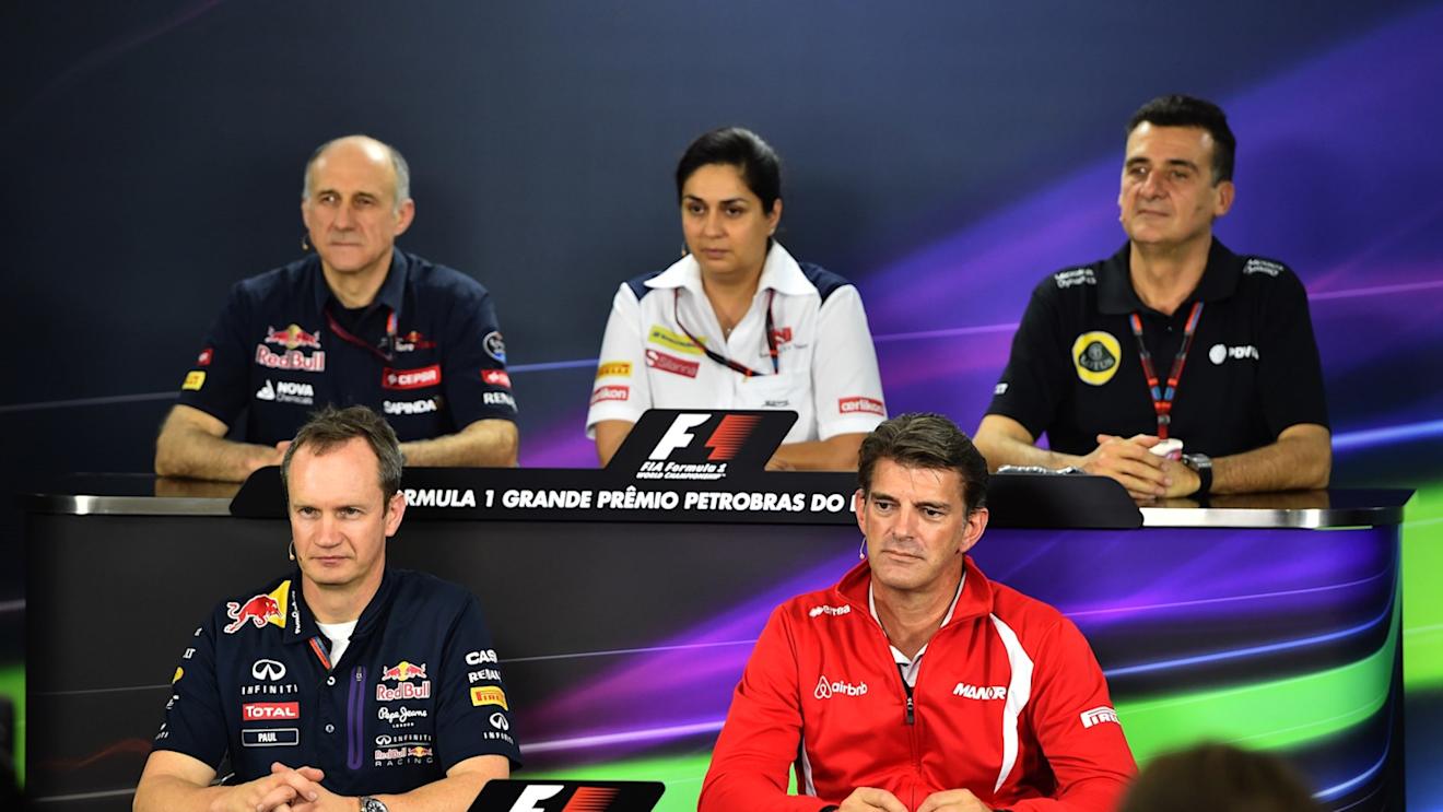 (L to R): Franz Tost (AUT) Scuderia Toro Rosso Team Principal, Monisha Kaltenborn (AUT) Sauber Team Prinicpal, Federico Gastaldi (ARG) Lotus F1 Team Deputy Team Principal, Paul Monaghan (GBR) Red Bull Racing Chief Engineer and Graeme Lowdon (GBR) Chief Executive Officer Marussia in the Press Conference at Formula One World Championship, Rd18, Brazilian Grand Prix, Practice, Interlagos, Sao Paulo, Brazil, Friday 13 November 2015. © Sutton Motorsport Images