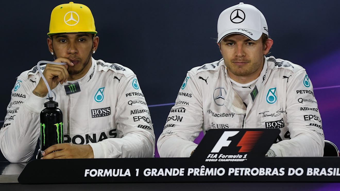Lewis Hamilton (GBR) Mercedes AMG F1 and  pole sitter Nico Rosberg (GER) Mercedes AMG F1 in the Press Conference at Formula One World Championship, Rd18, Brazilian Grand Prix, Qualifying, Interlagos, Sao Paulo, Brazil, Saturday 14 November 2015. © Sutton Motorsport Images