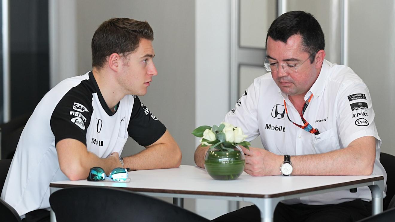 Stoffel Vandoorne (BEL) McLaren and Eric Boullier (FRA) McLaren Racing Director at Formula One World Championship, Rd18, Brazilian Grand Prix, Qualifying, Interlagos, Sao Paulo, Brazil, Saturday 14 November 2015. © Sutton Motorsport Images