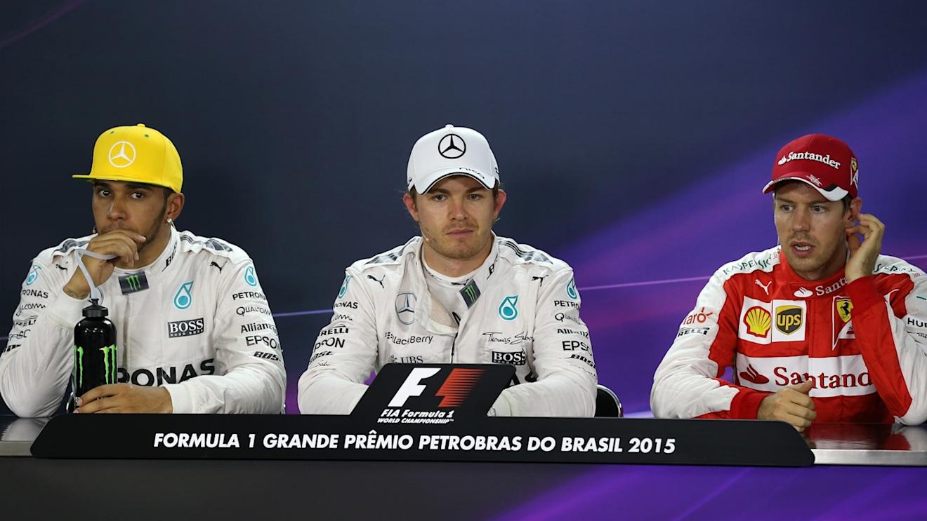 (L to R): Lewis Hamilton (GBR) Mercedes AMG F1, pole sitter Nico Rosberg (GER) Mercedes AMG F1 and Sebastian Vettel (GER) Ferrari in the Press Conference at Formula One World Championship, Rd18, Brazilian Grand Prix, Qualifying, Interlagos, Sao Paulo, Brazil, Saturday 14 November 2015. © Sutton Motorsport Images