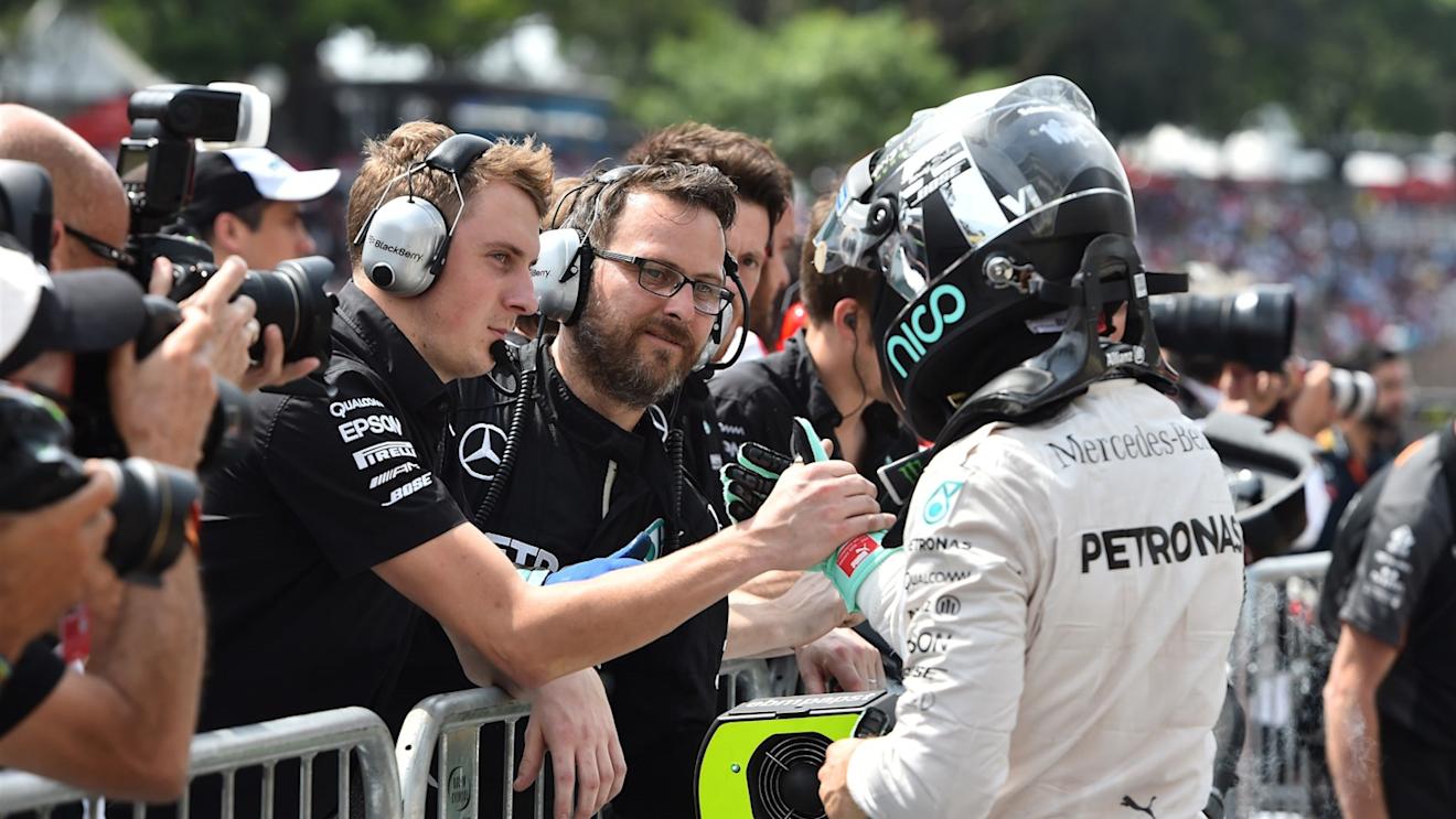 Pole sitter Nico Rosberg (GER) Mercedes AMG F1 celebrates in parc ferme at Formula One World Championship, Rd18, Brazilian Grand Prix, Qualifying, Interlagos, Sao Paulo, Brazil, Saturday 14 November 2015. © Sutton Motorsport Images