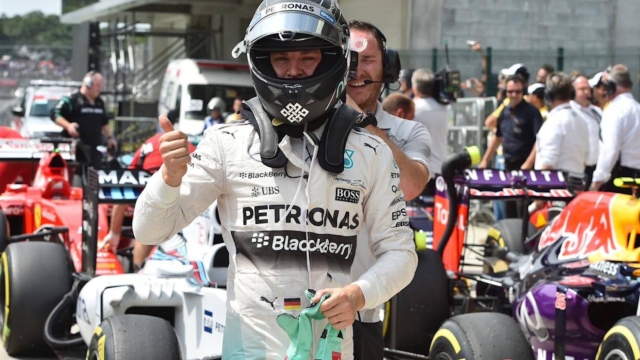 Pole sitter Nico Rosberg (GER) Mercedes AMG F1 celebrates in parc ferme at Formula One World Championship, Rd18, Brazilian Grand Prix, Qualifying, Interlagos, Sao Paulo, Brazil, Saturday 14 November 2015. © Sutton Motorsport Images