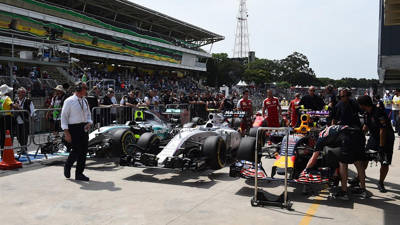 Cars in parc ferme at Formula One World Championship, Rd18, Brazilian Grand Prix, Qualifying, Interlagos, Sao Paulo, Brazil, Saturday 14 November 2015. © Sutton Motorsport Images