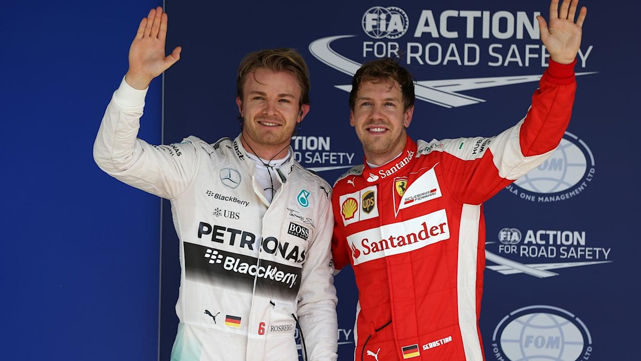 Pole sitter Nico Rosberg (GER) Mercedes AMG F1 and Sebastian Vettel (GER) Ferrari celebrate in parc ferme at Formula One World Championship, Rd18, Brazilian Grand Prix, Qualifying, Interlagos, Sao Paulo, Brazil, Saturday 14 November 2015. © Sutton Motorsport Images