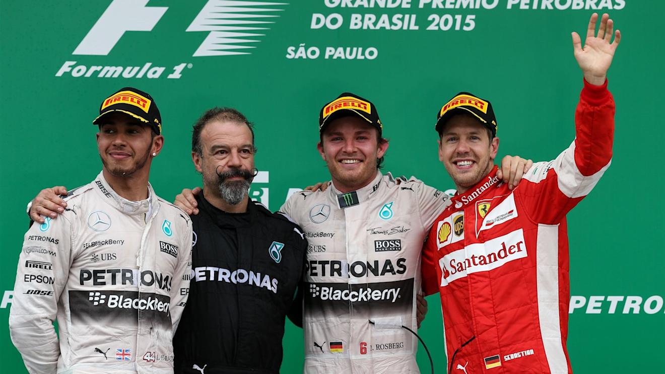 (L to R): Lewis Hamilton (GBR) Mercedes AMG F1, James Waddell (GBR) Mercedes AMG F1 Race Team Composite Technician, race winner Nico Rosberg (GER) Mercedes AMG F1 and Sebastian Vettel (GER) Ferrari celebrate on the podium at Formula One World Championship, Rd18, Brazilian Grand Prix, Race, Interlagos, Sao Paulo, Brazil, Sunday 15 November 2015. © Sutton Motorsport Images