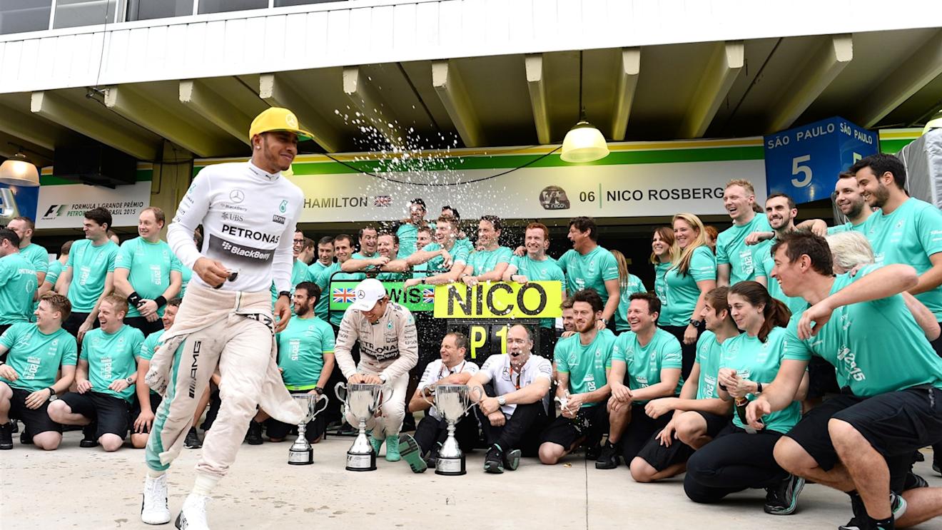 Lewis Hamilton (GBR) Mercedes AMG F1 and Nico Rosberg (GER) Mercedes AMG F1  during the team celebration at Formula One World Championship, Rd18, Brazilian Grand Prix, Race, Interlagos, Sao Paulo, Brazil, Sunday 15 November 2015. © Sutton Motorsport Images