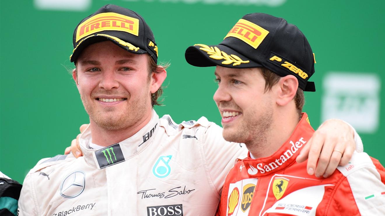 Race winner Nico Rosberg (GER) Mercedes AMG F1 and Sebastian Vettel (GER) Ferrari celebrate on the podium at Formula One World Championship, Rd18, Brazilian Grand Prix, Race, Interlagos, Sao Paulo, Brazil, Sunday 15 November 2015. © Sutton Motorsport Images