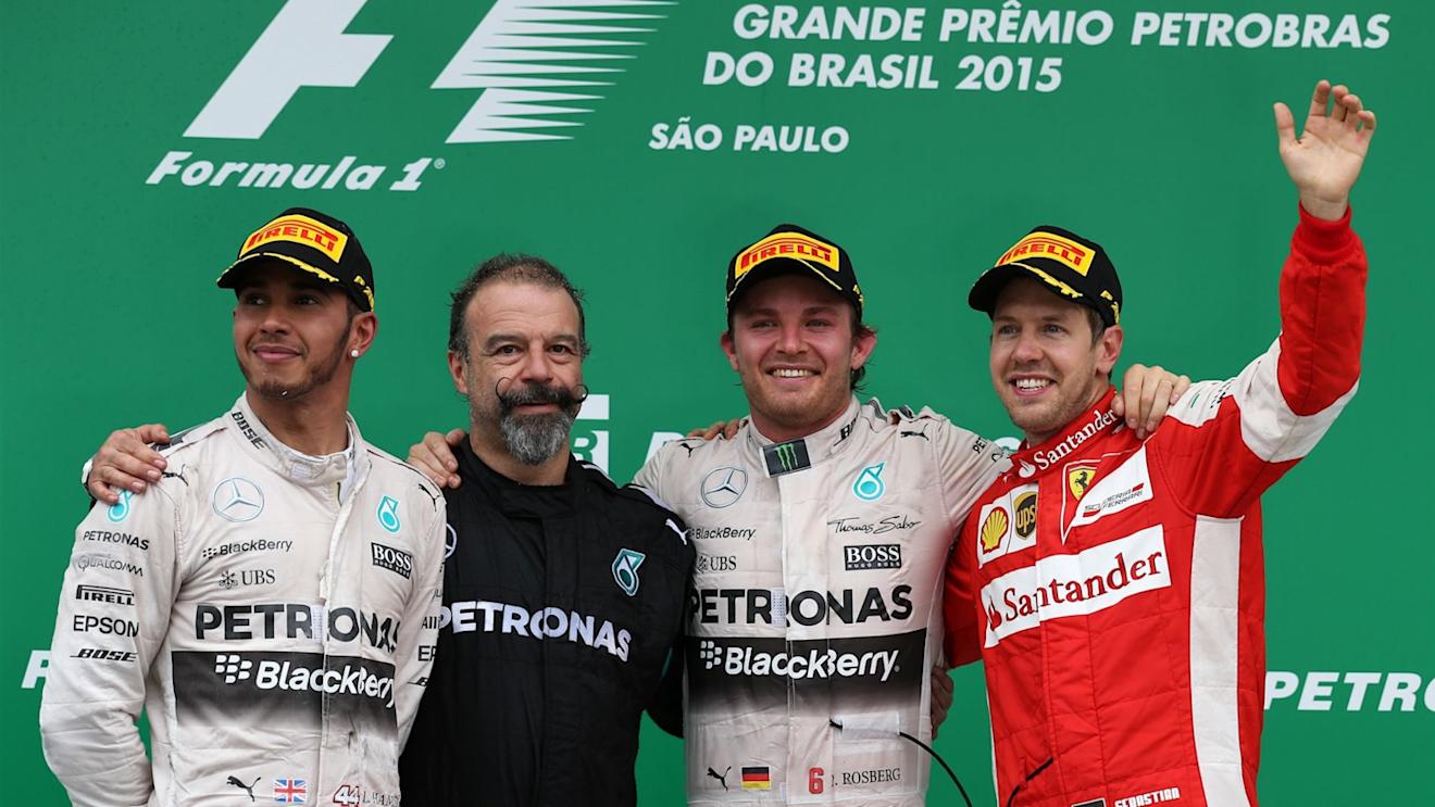(L to R): Lewis Hamilton (GBR) Mercedes AMG F1, James Waddell (GBR) Mercedes AMG F1 Race Team Composite Techician, race winner Nico Rosberg (GER) Mercedes AMG F1 and Sebastian Vettel (GER) Ferrari celebrate on the podium at Formula One World Championship, Rd18, Brazilian Grand Prix, Race, Interlagos, Sao Paulo, Brazil, Sunday 15 November 2015. © Sutton Motorsport Images