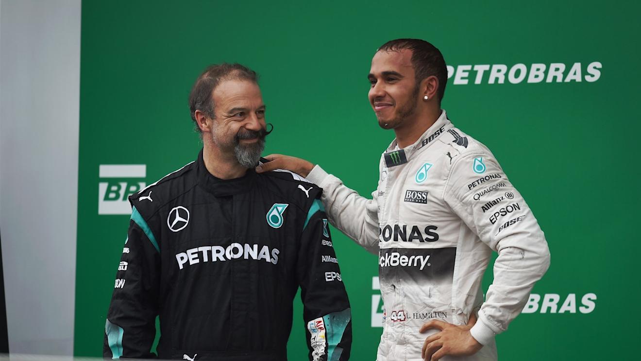Lewis Hamilton (GBR) Mercedes AMG F1 and  James Waddell (GBR) Mercedes AMG F1 Race Team Composite Technician on the podium at Formula One World Championship, Rd18, Brazilian Grand Prix, Race, Interlagos, Sao Paulo, Brazil, Sunday 15 November 2015. © Sutton Motorsport Images