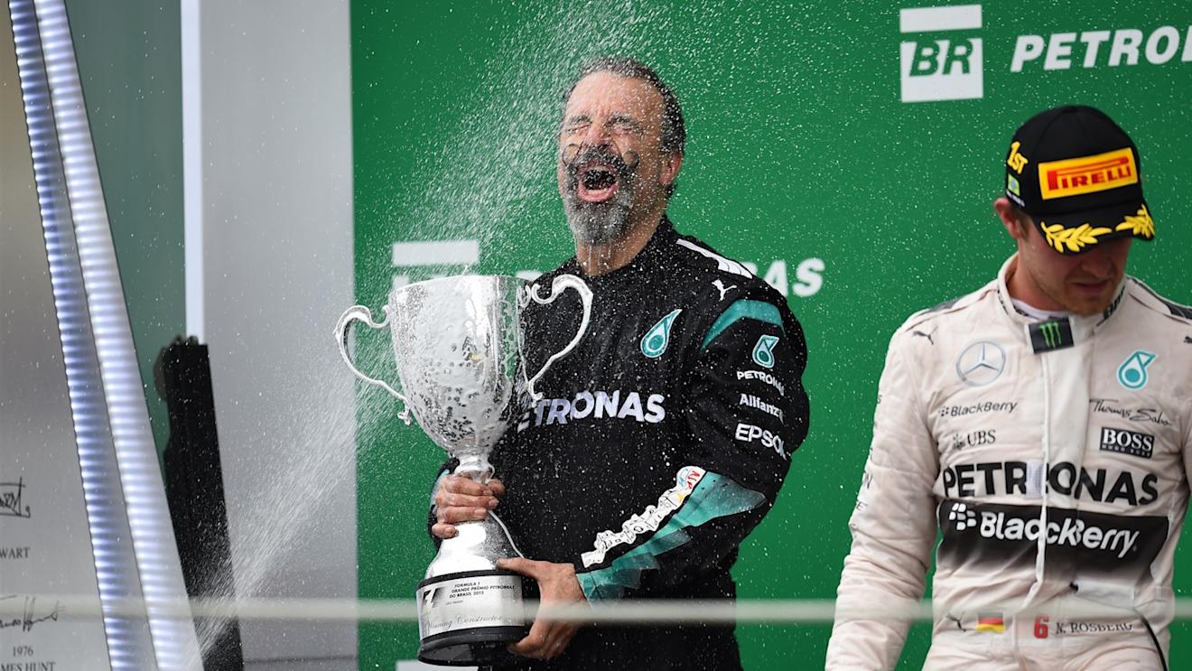 James Waddell (GBR) Mercedes AMG F1 Race Team Composite Technician celebrates with the Constructors trophy and the champagne on the podium at Formula One World Championship, Rd18, Brazilian Grand Prix, Race, Interlagos, Sao Paulo, Brazil, Sunday 15 November 2015. © Sutton Motorsport Images