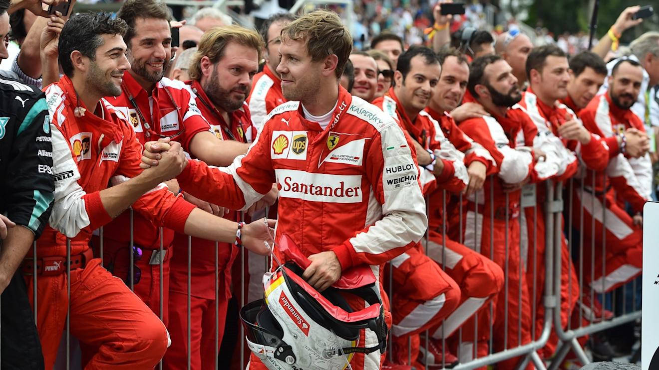 Sebastian Vettel (GER) Ferrari celebrates in parc ferme at Formula One World Championship, Rd18, Brazilian Grand Prix, Race, Interlagos, Sao Paulo, Brazil, Sunday 15 November 2015. © Sutton Motorsport Images