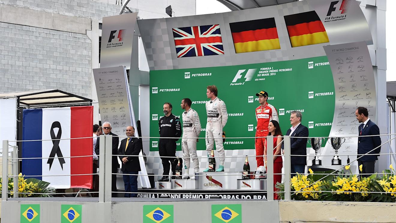 (L to R): Lewis Hamilton (GBR) Mercedes AMG F1, James Waddell (GBR) Mercedes AMG F1 Race Team Composite Technician, race winner Nico Rosberg (GER) Mercedes AMG F1 and Sebastian Vettel (GER) Ferrari celebrate on the podium at Formula One World Championship, Rd18, Brazilian Grand Prix, Race, Interlagos, Sao Paulo, Brazil, Sunday 15 November 2015. © Sutton Motorsport Images
