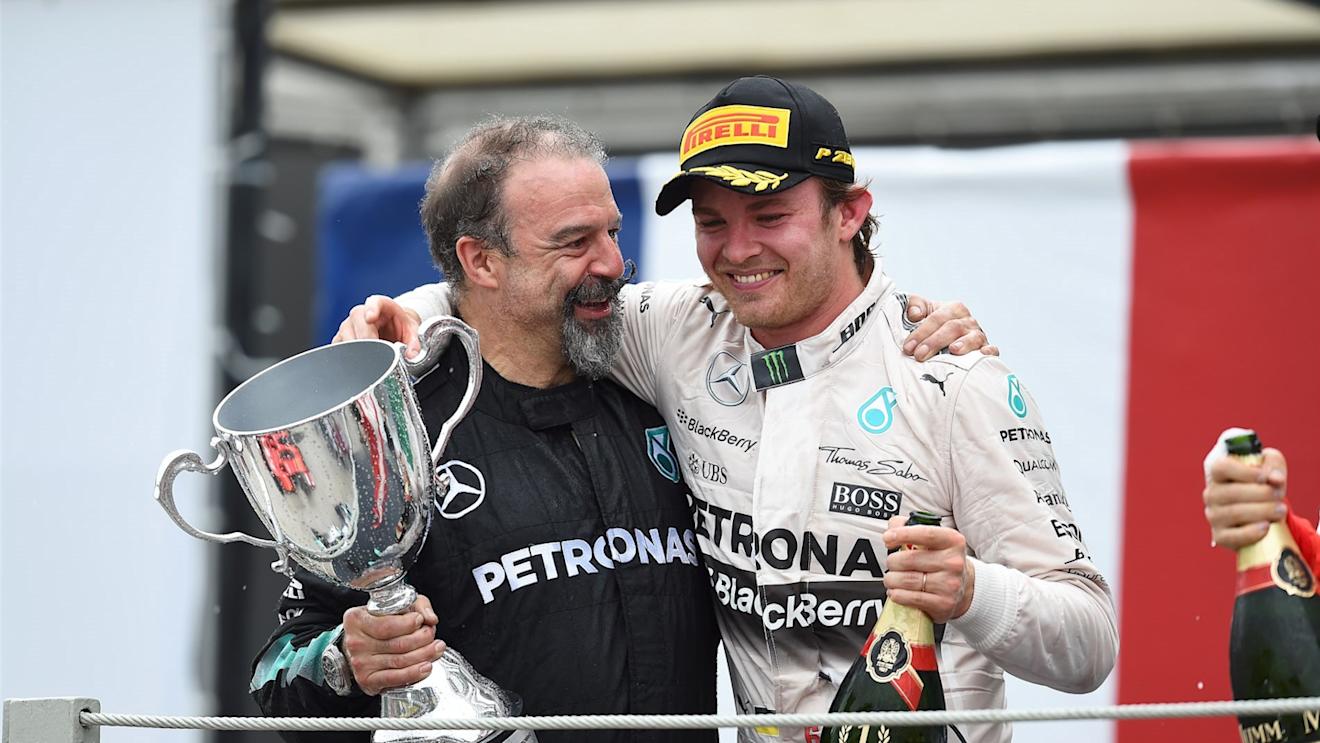 James Waddell (GBR) Mercedes AMG F1 Race Team Composite Technician and race winner Nico Rosberg (GER) Mercedes AMG F1  celebrate with the trophy on the podium at Formula One World Championship, Rd18, Brazilian Grand Prix, Race, Interlagos, Sao Paulo, Brazil, Sunday 15 November 2015. © Sutton Motorsport Images