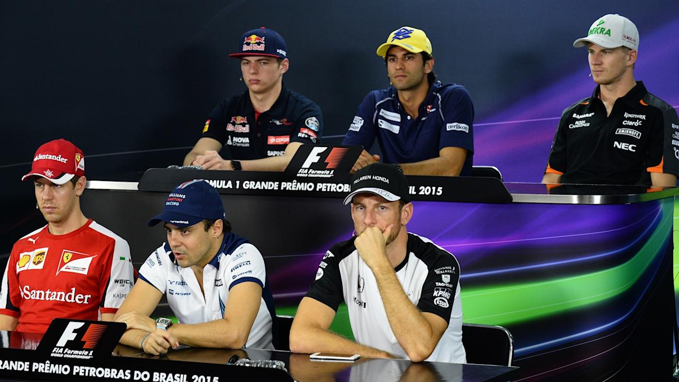 Max Verstappen (NDL) Scuderia Toro Rosso, Felipe Nasr (BRA) Sauber, Nico Hulkenberg (GER) Force India F1, Sebastian Vettel (GER) Ferrari, Felipe Massa (BRA) Williams and Jenson Button (GBR) McLaren in the press conference at Formula One World Championship, Rd18, Brazilian Grand Prix, Preparations, Interlagos, Sao Paulo, Brazil, Thursday 12 November 2015. © Sutton Motorsport Images