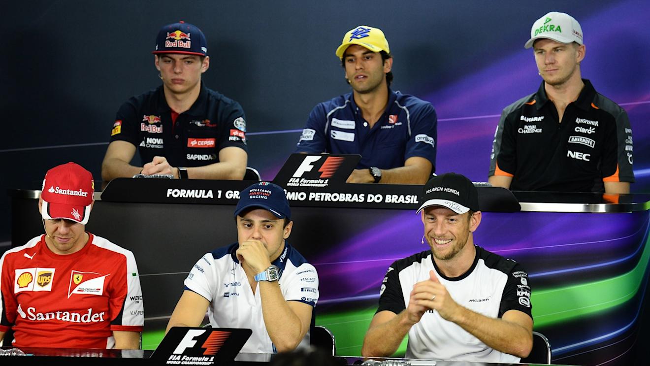Max Verstappen (NDL) Scuderia Toro Rosso, Felipe Nasr (BRA) Sauber, Nico Hulkenberg (GER) Force India F1, Sebastian Vettel (GER) Ferrari, Felipe Massa (BRA) Williams and Jenson Button (GBR) McLaren in the press conference at Formula One World Championship, Rd18, Brazilian Grand Prix, Preparations, Interlagos, Sao Paulo, Brazil, Thursday 12 November 2015. © Sutton Motorsport Images