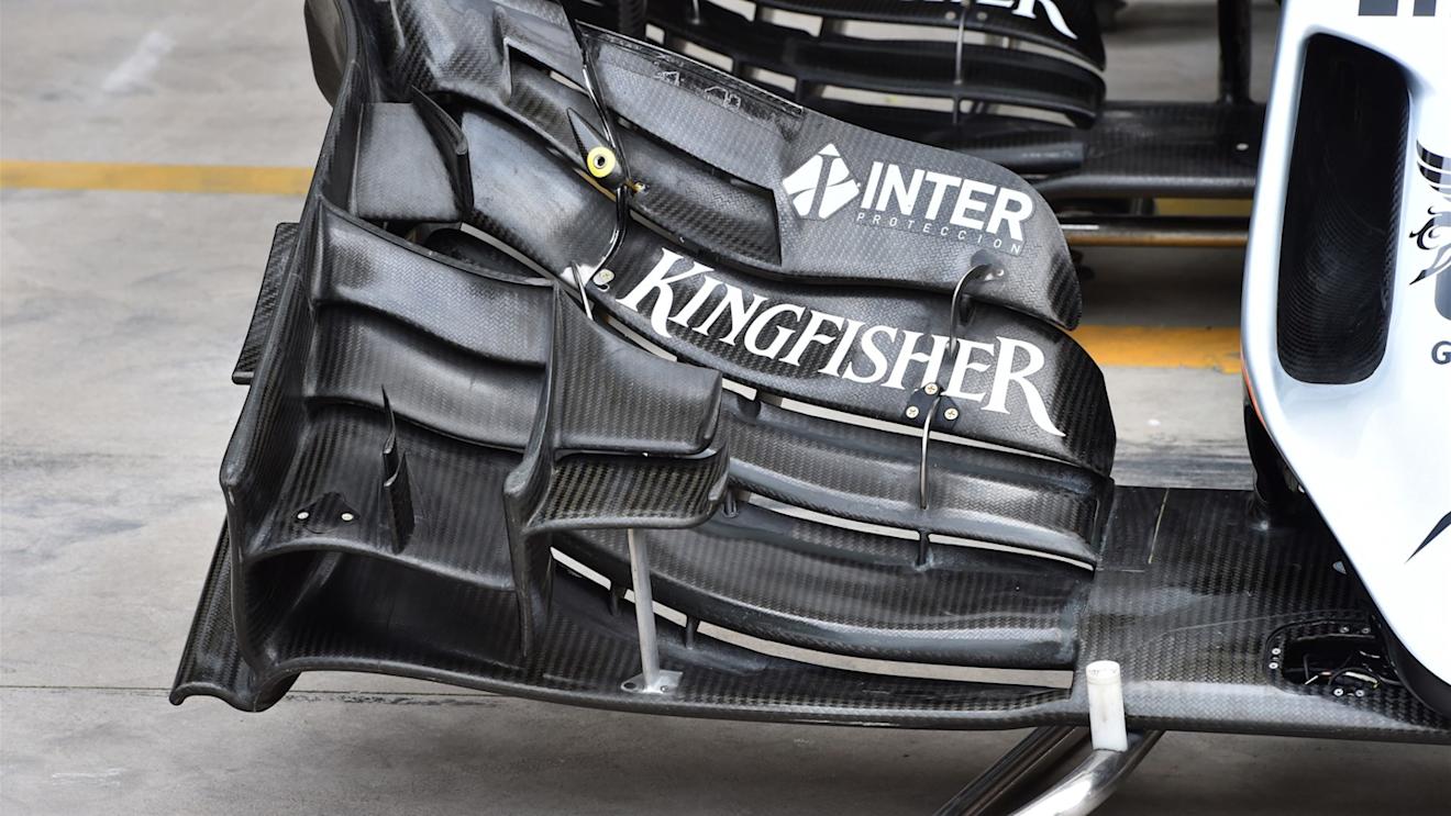 Force India VJM08 front wing detail at Formula One World Championship, Rd18, Brazilian Grand Prix, Preparations, Interlagos, Sao Paulo, Brazil, Thursday 12 November 2015. © Sutton Motorsport Images