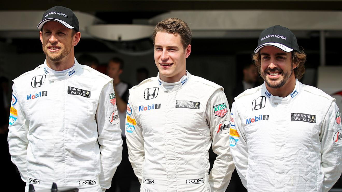 (L to R): Jenson Button (GBR) McLaren, Stoffel Vandoorne (BEL) McLaren and Fernando Alonso (ESP) McLaren at Formula One World Championship, Rd18, Brazilian Grand Prix, Preparations, Interlagos, Sao Paulo, Brazil, Thursday 12 November 2015. © Sutton Motorsport Images