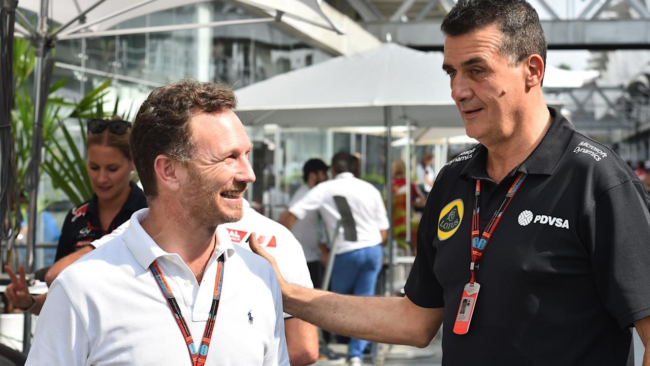 Christian Horner (GBR) Red Bull Racing Team Principal and Federico Gastaldi (ARG) Lotus F1 Team Deputy Team Principal at Formula One World Championship, Rd18, Brazilian Grand Prix, Preparations, Interlagos, Sao Paulo, Brazil, Thursday 12 November 2015. © Sutton Motorsport Images