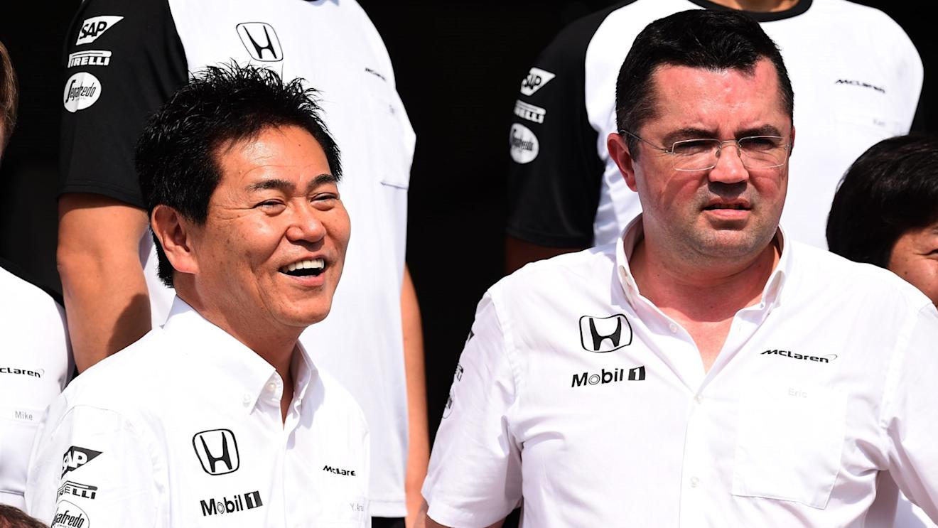 Yasuhisa Arai (JPN) Head of Honda Motorsport and Eric Boullier (FRA) McLaren Racing Director at Formula One World Championship, Rd18, Brazilian Grand Prix, Preparations, Interlagos, Sao Paulo, Brazil, Thursday 12 November 2015. © Sutton Motorsport Images