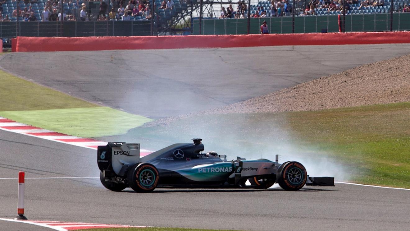 Lewis Hamilton (GBR) Mercedes AMG F1 W06 spins in FP 1 at Formula One World Championship, Rd9, British Grand Prix, Practice, Silverstone, England, Friday 3 July 2015. © Sutton Motorsport Images