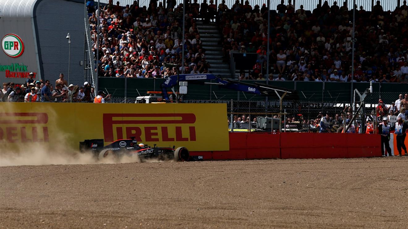 Fernando Alonso (ESP) McLaren MP4-30 takes a trip through the gravel in FP2 at Formula One World Championship, Rd9, British Grand Prix, Practice, Silverstone, England, Friday 3 July 2015. © Sutton Motorsport Images