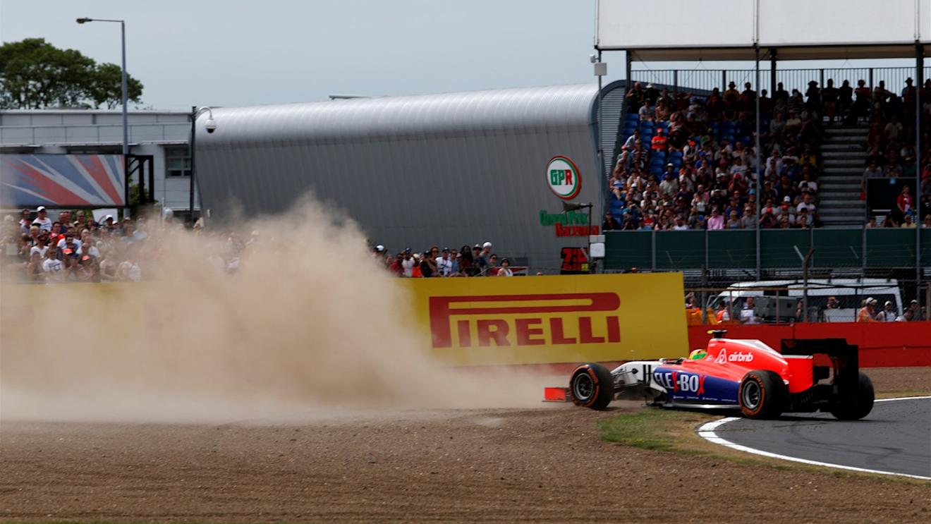 Roberto Merhi (ESP) Marussia span into the gravel and bought out the red flag towards the end of FP2 at Formula One World Championship, Rd9, British Grand Prix, Practice, Silverstone, England, Friday 3 July 2015. © Sutton Motorsport Images