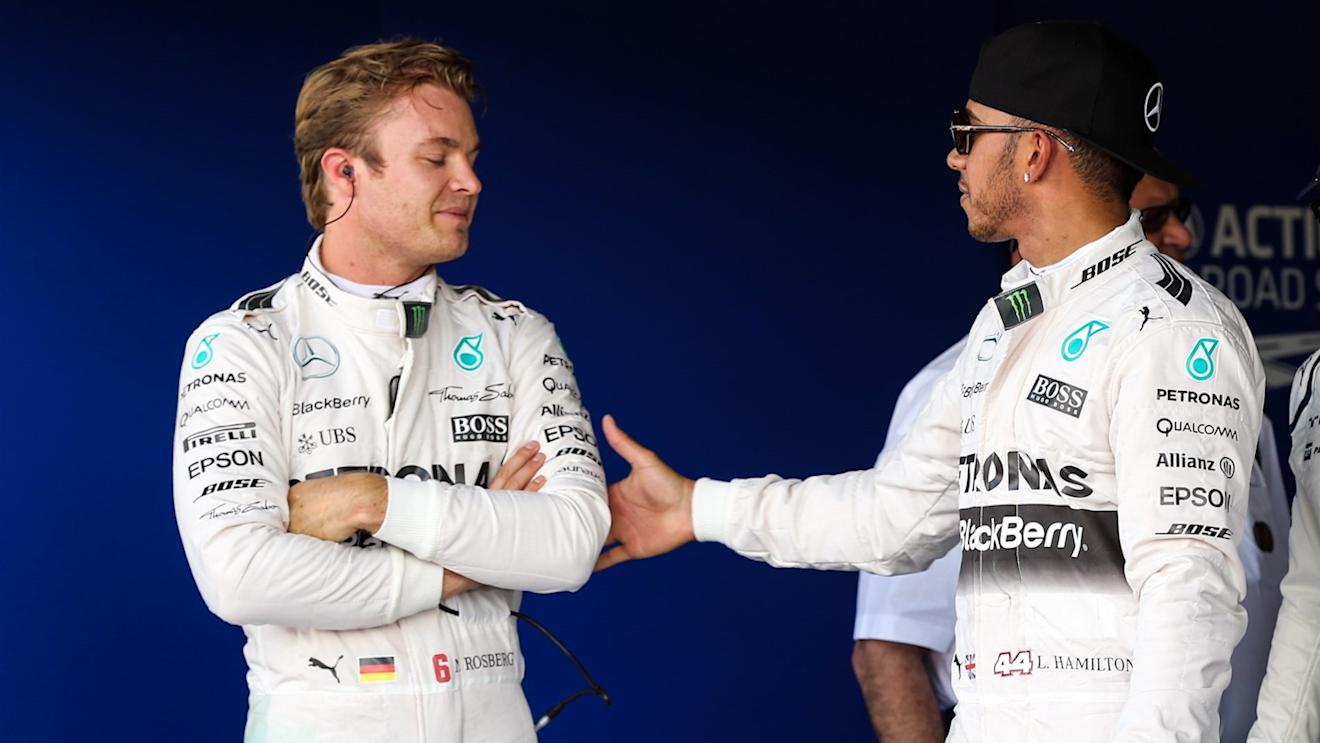Nico Rosberg (GER) Mercedes AMG F1 celebrates with pole sitter Lewis Hamilton (GBR) Mercedes AMG F1 in parc ferme at Formula One World Championship, Rd9, British Grand Prix, Qualifying, Silverstone, England, Saturday 4 July 2015. © Sutton Motorsport Images