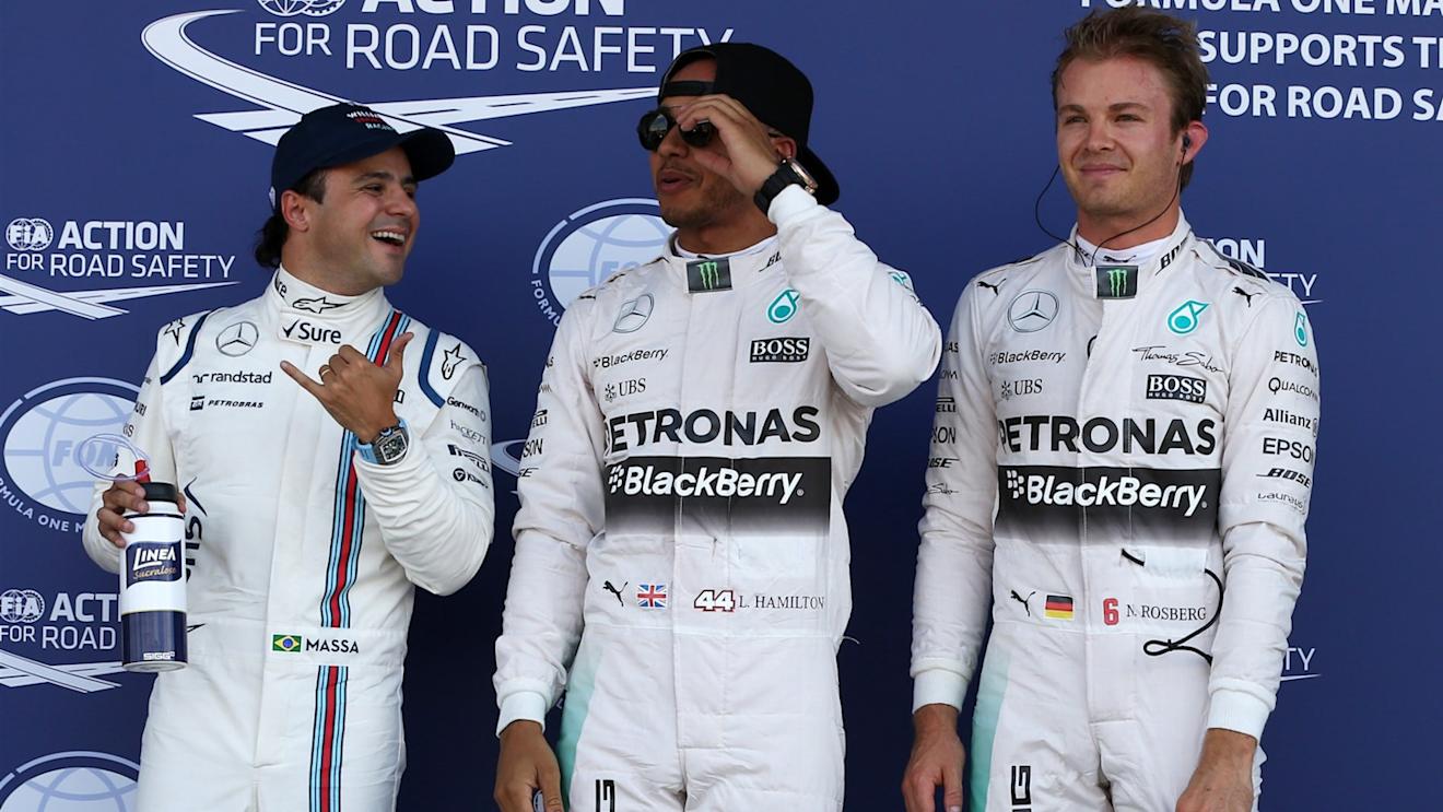 (L to R): Felipe Massa (BRA) Williams, pole sitter Lewis Hamilton (GBR) Mercedes AMG F1 and Nico Rosberg (GER) Mercedes AMG F1 celebrate in parc ferme at Formula One World Championship, Rd9, British Grand Prix, Qualifying, Silverstone, England, Saturday 4 July 2015. © Sutton Motorsport Images