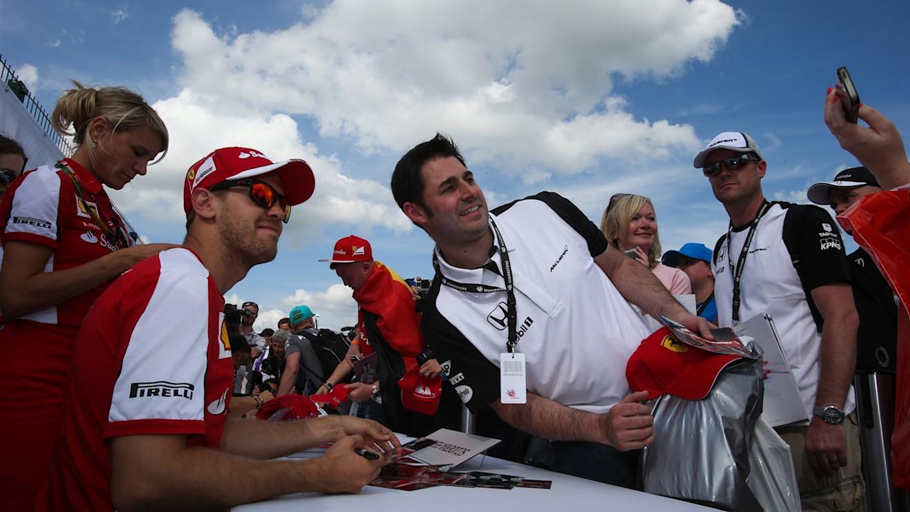 Sebastian Vettel (GER) Ferrari poses for a selfie at Formula One World Championship, Rd9, British Grand Prix, Qualifying, Silverstone, England, Saturday 4 July 2015. © Sutton Motorsport Images