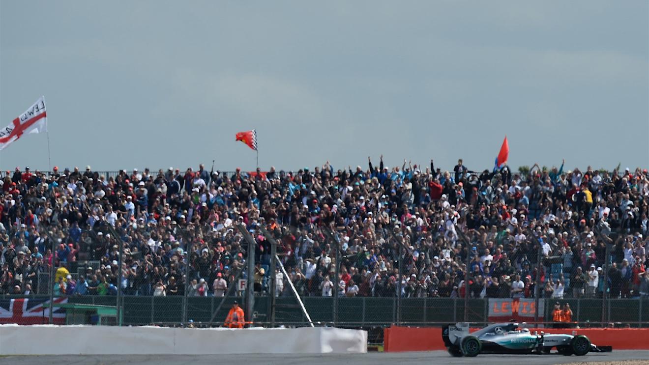 Race winner Lewis Hamilton (GBR) Mercedes AMG F1 celebrates in front of the fans at Formula One World Championship, Rd9, British Grand Prix, Race, Silverstone, England, Sunday 5 July 2015. © Sutton Motorsport Images