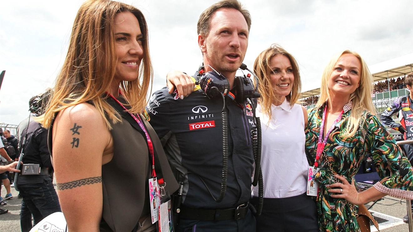 Mel C (GBR) Singer, Christian Horner (GBR) Red Bull Racing Team Principal with wife Geri Halliwell (GBR) and Emma Bunton (GBR) on the grid at Formula One World Championship, Rd9, British Grand Prix, Race, Silverstone, England, Sunday 5 July 2015. © Sutton Motorsport Images
