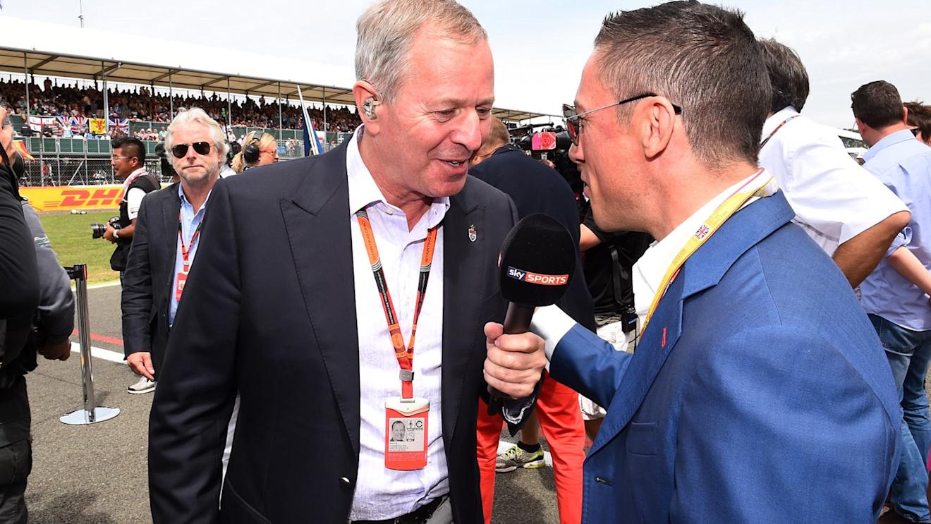 Martin Brundle (GBR) Sky TV talks with Frankie Dettori (ITA) Horse Racing Jockey on the grid at Formula One World Championship, Rd9, British Grand Prix, Race, Silverstone, England, Sunday 5 July 2015. © Sutton Motorsport Images