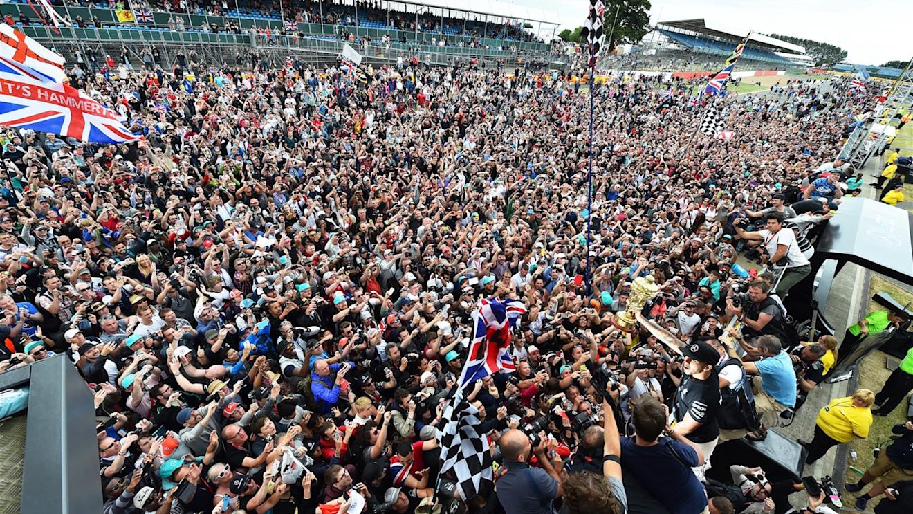 Race winner Lewis Hamilton (GBR) Mercedes AMG F1 celebrates with the fans at Formula One World Championship, Rd9, British Grand Prix, Race, Silverstone, England, Sunday 5 July 2015. © Sutton Motorsport Images