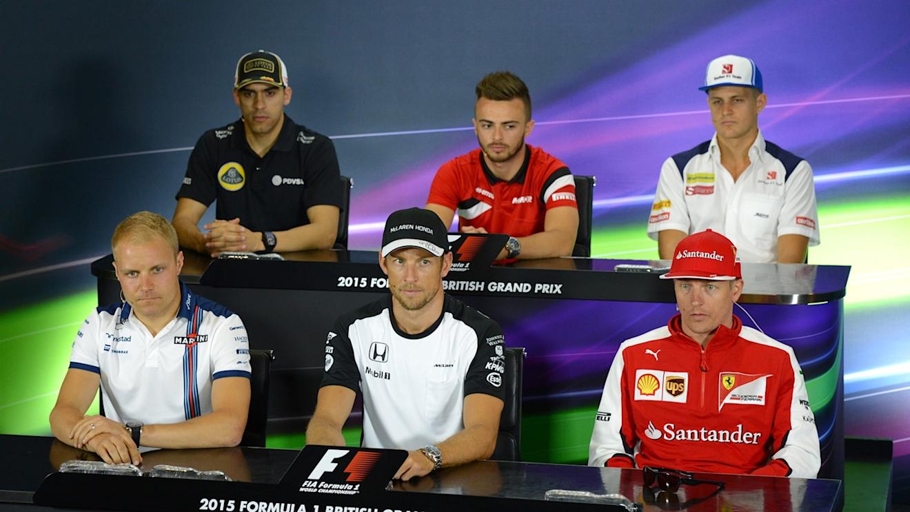 (L to R): Pastor Maldonado (VEN) Lotus, Will Stevens (GBR) Marussia, Marcus Ericsson (SWE) Sauber, Valtteri Bottas (FIN) Williams, Jenson Button (GBR) McLaren and Kimi Raikkonen (FIN) Ferrari in the press conference at Formula One World Championship, Rd9, British Grand Prix, Preparations, Silverstone, England, Thursday 2 July 2015. © Sutton Motorsport Images