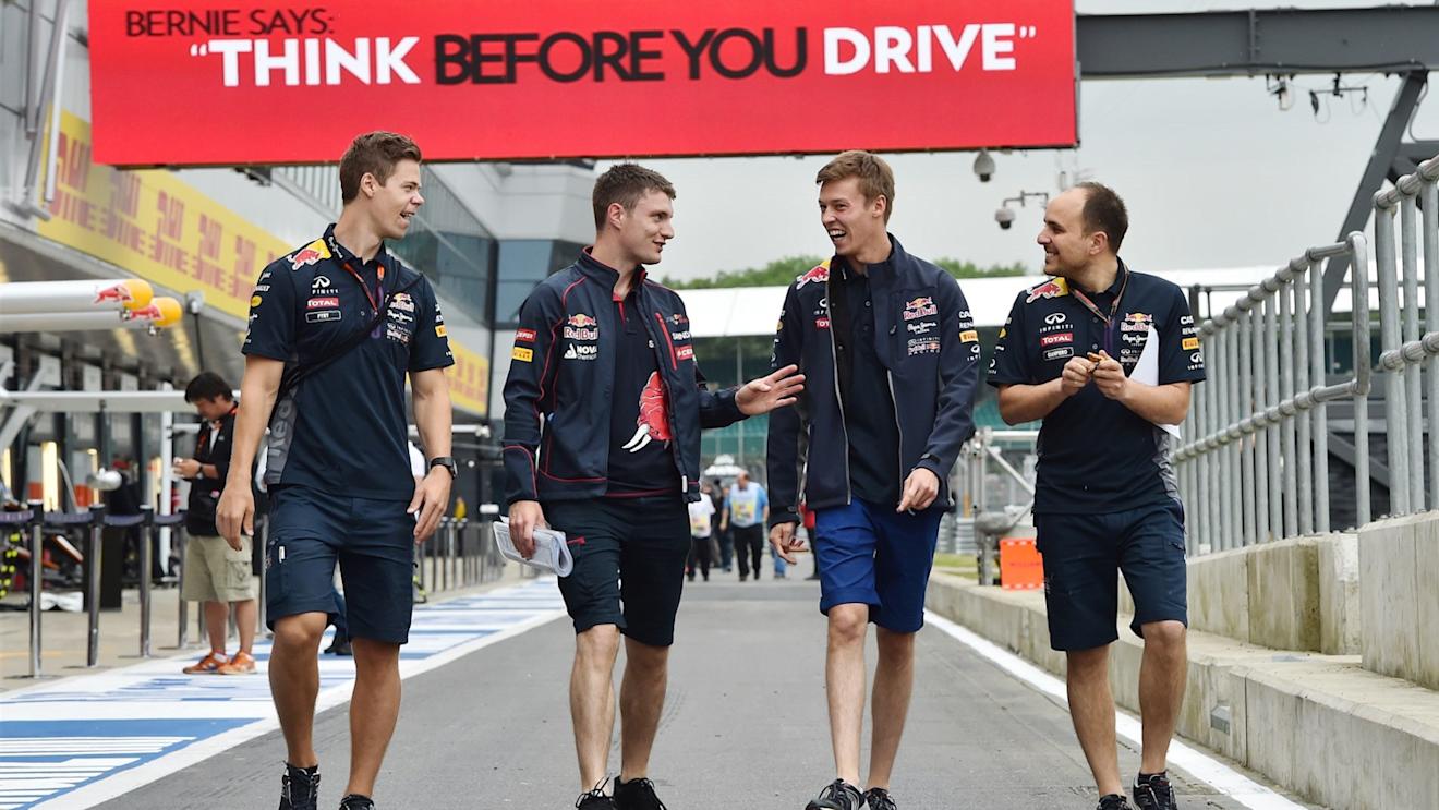 Daniil Kyvat (RUS) Red Bull Racing and Gianpiero Lambiase (ITA) Red Bull Racing Engineer at Formula One World Championship, Rd9, British Grand Prix, Preparations, Silverstone, England, Thursday 2 July 2015. © Sutton Motorsport Images