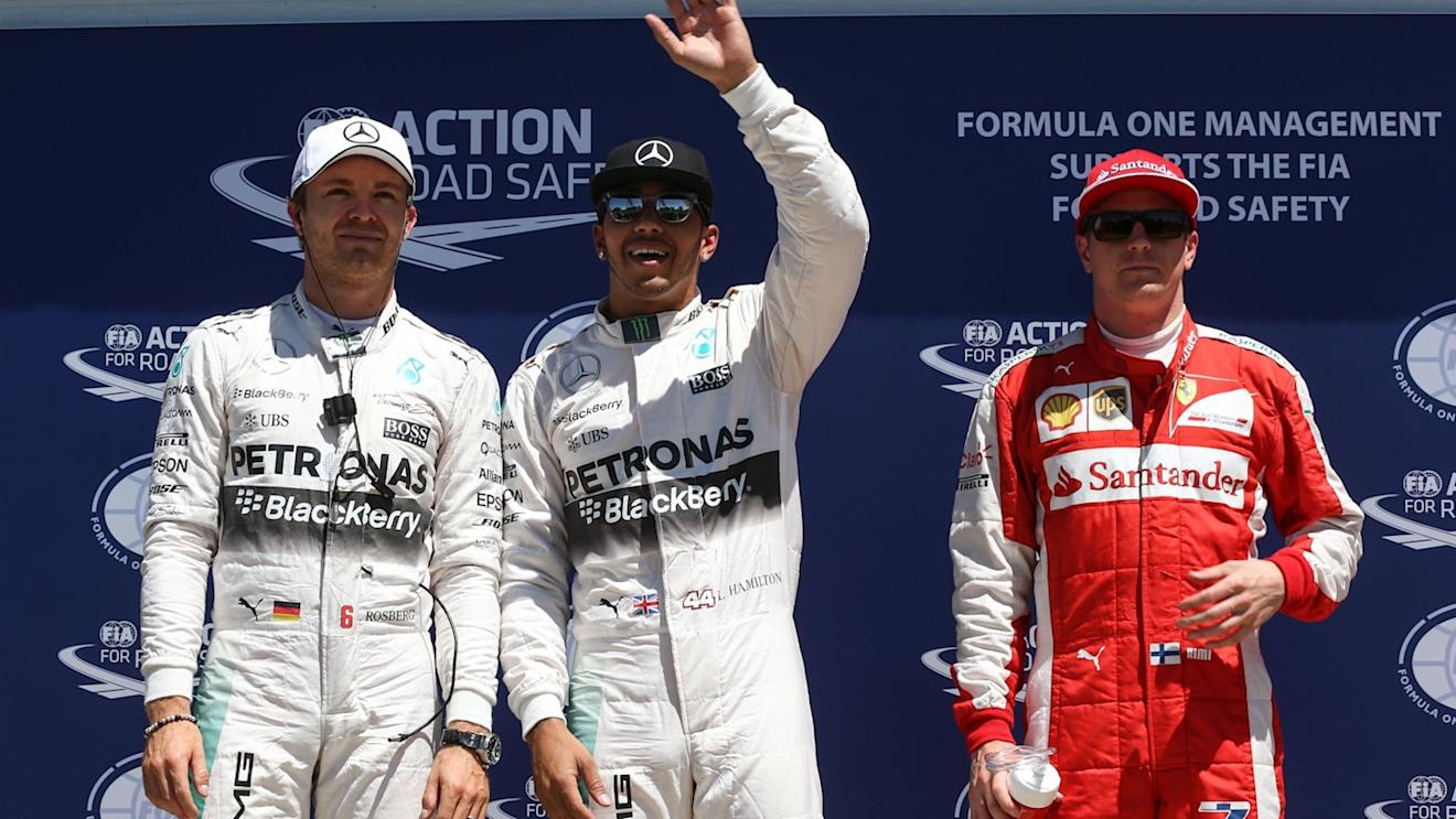 (L to R): Nico Rosberg (GER) Mercedes AMG F1, pole sitter Lewis Hamilton (GBR) Mercedes AMG F1 and Kimi Raikkonen (FIN) Ferrari celebrate in Parc Ferme  at Formula One World Championship, Rd7, Canadian Grand Prix, Qualifying, Montreal, Canada, Saturday 6 June 2015. © Sutton Motorsport Images